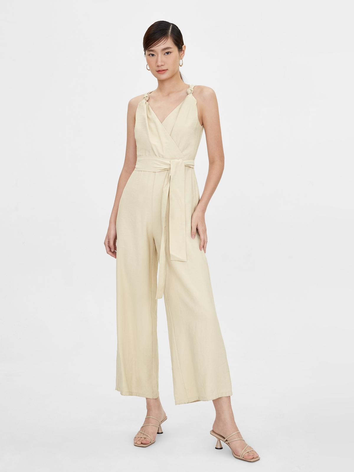 Waist Tie Surplice Jumpsuit - Cream