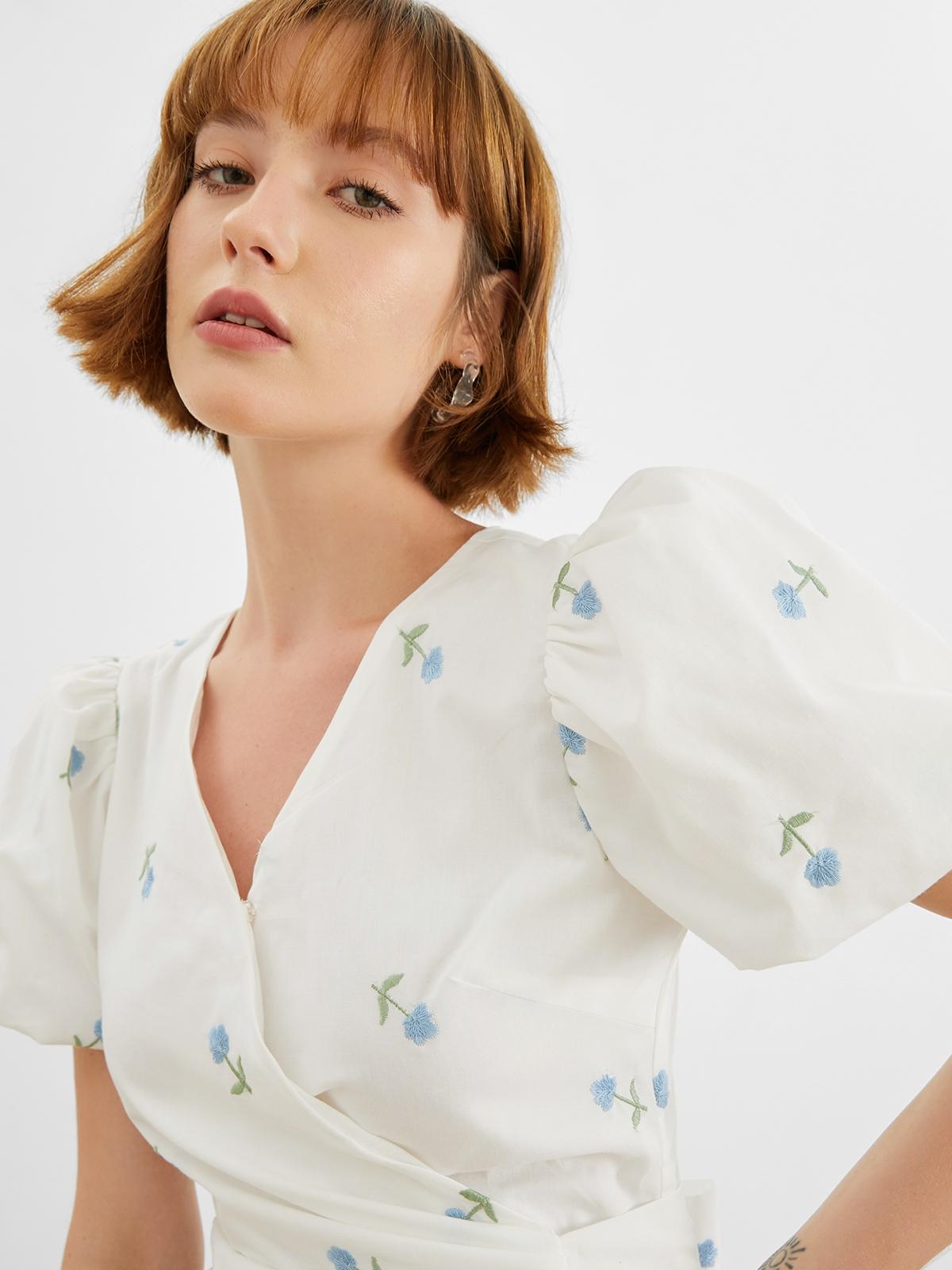 Embroidered Floral Wrap Mini Dress - White