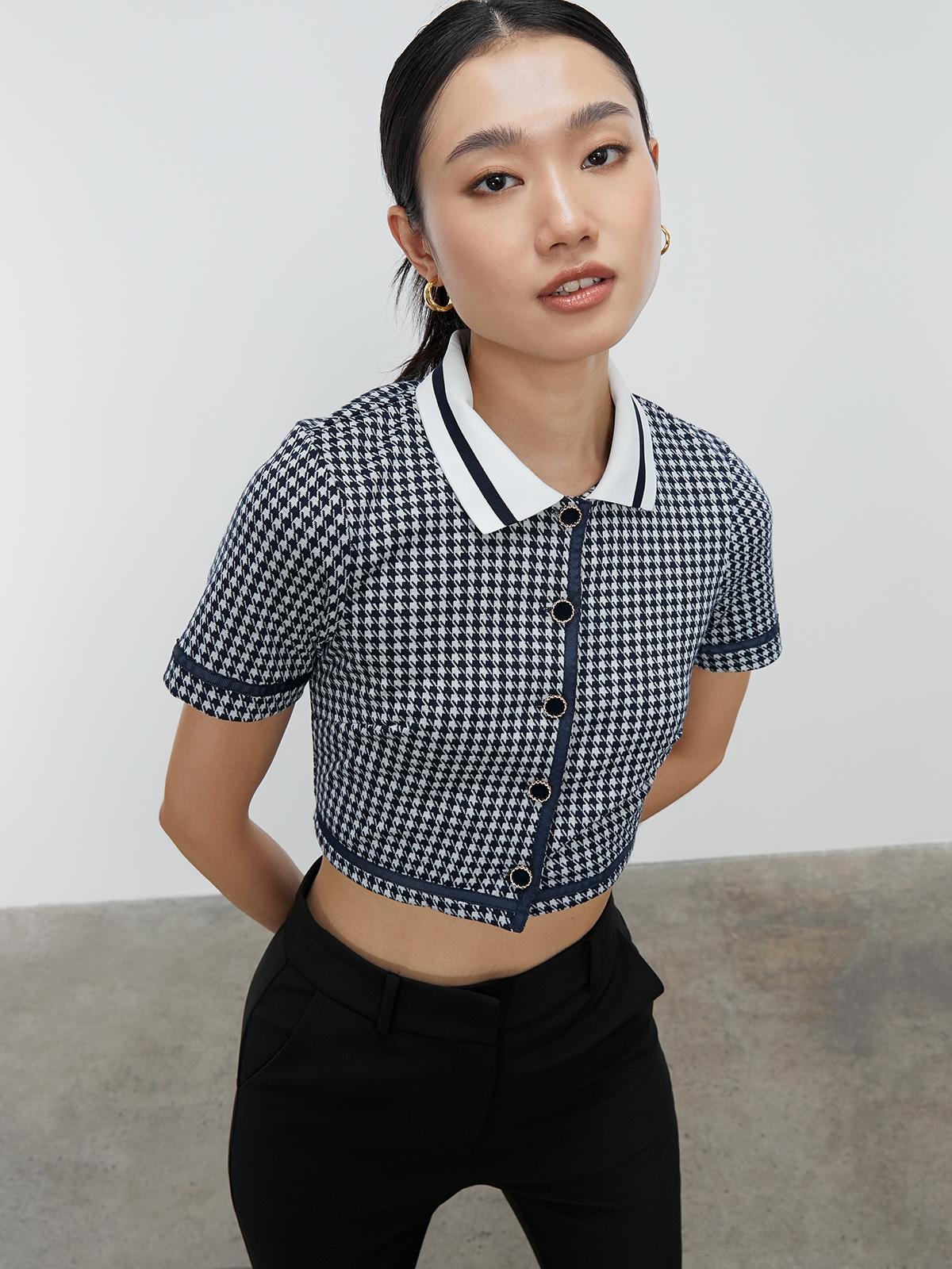 Houndstooth Crop Blouse - Navy
