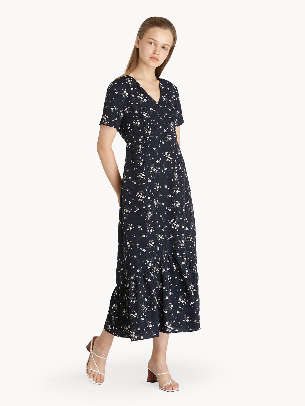 Floral Ruched V Neck Flare Dress - Navy