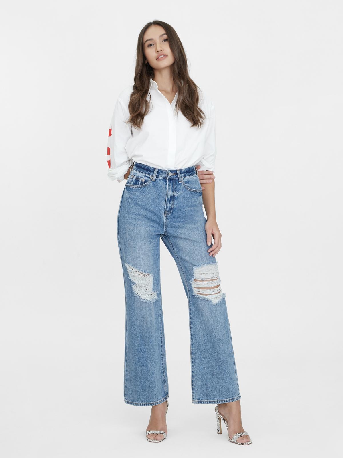Wide Leg Ripped Denim Jeans - Blue