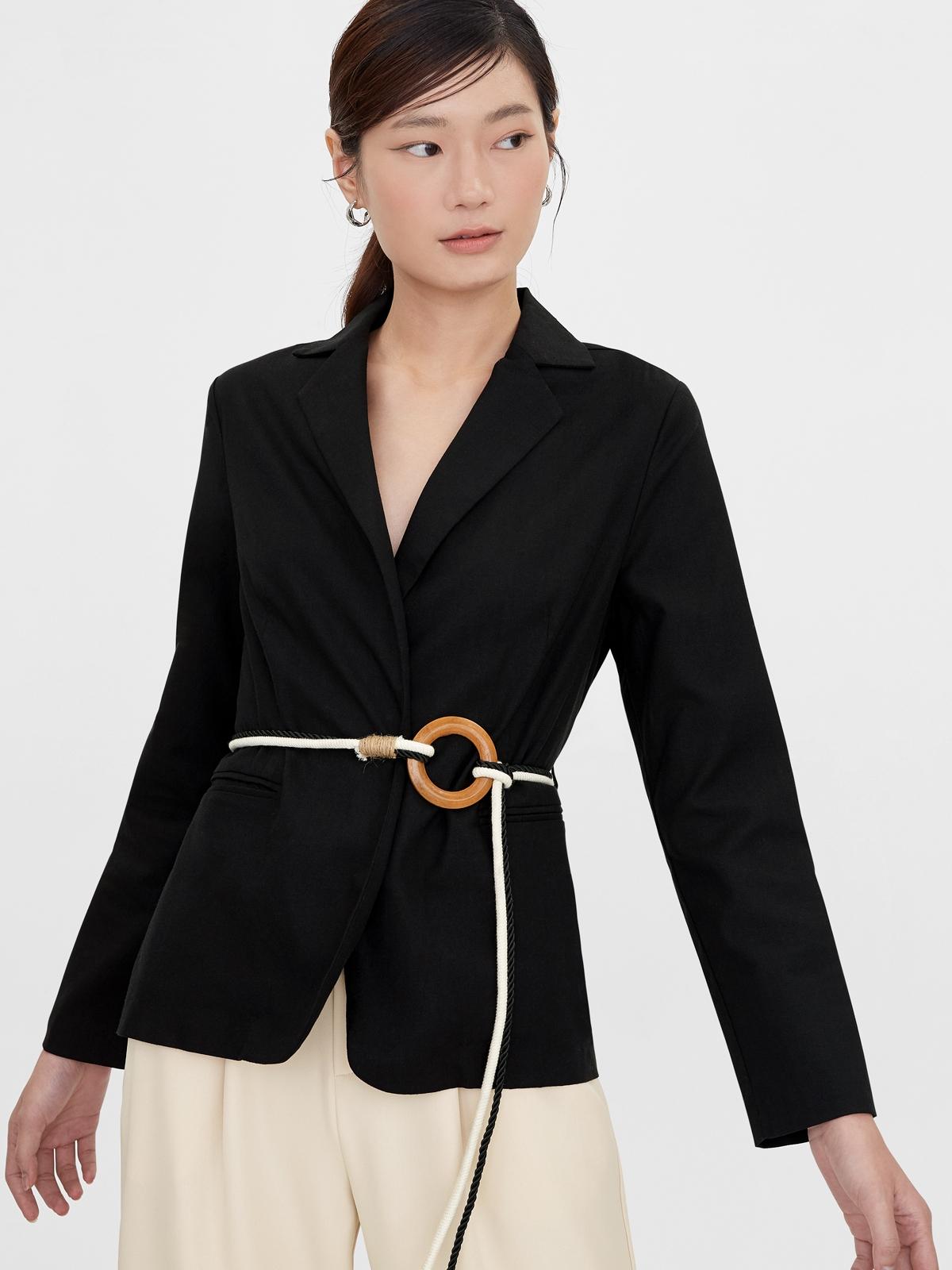 Two Tone Rope Weave Belt Blazer - Black