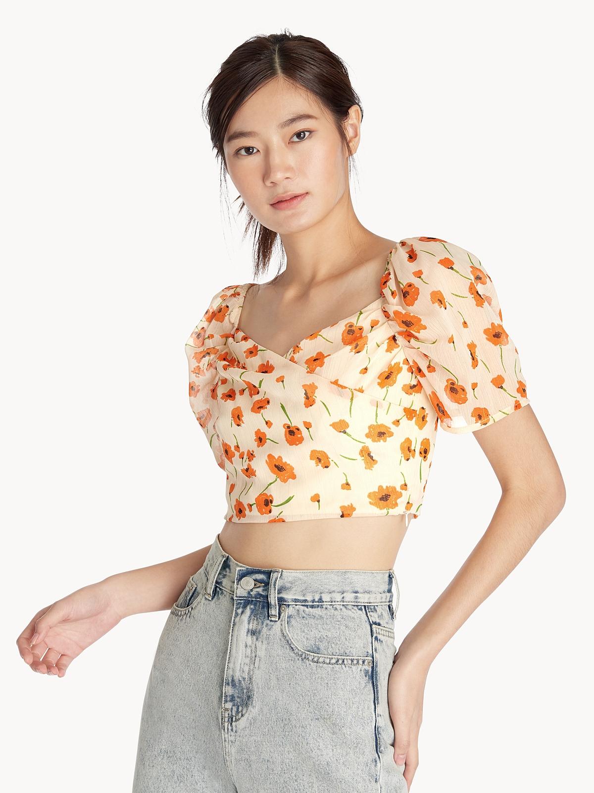 Floral Puffed Sleeve Crop Top - Cream