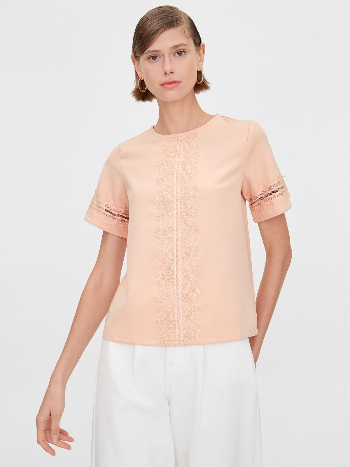 Lace Accent Short Sleeve Blouse - Peach