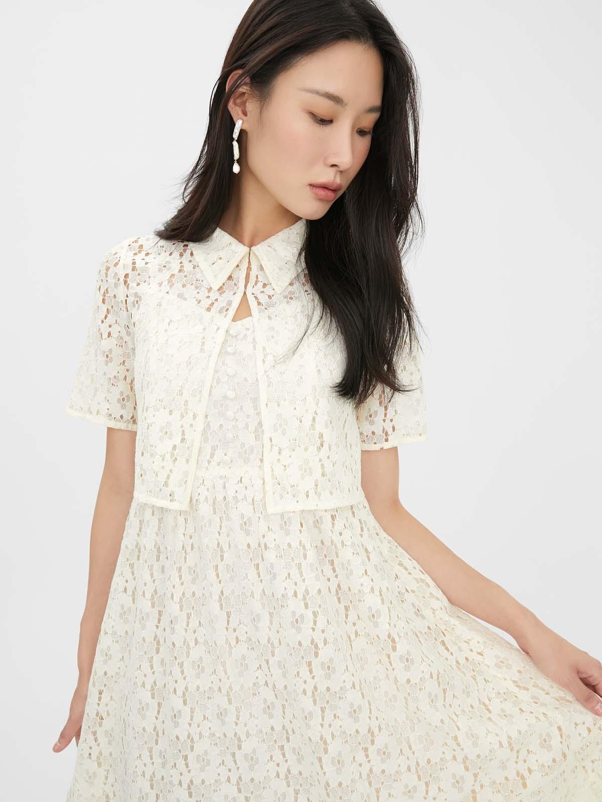 Floral Lace Cropped Jacket - Cream
