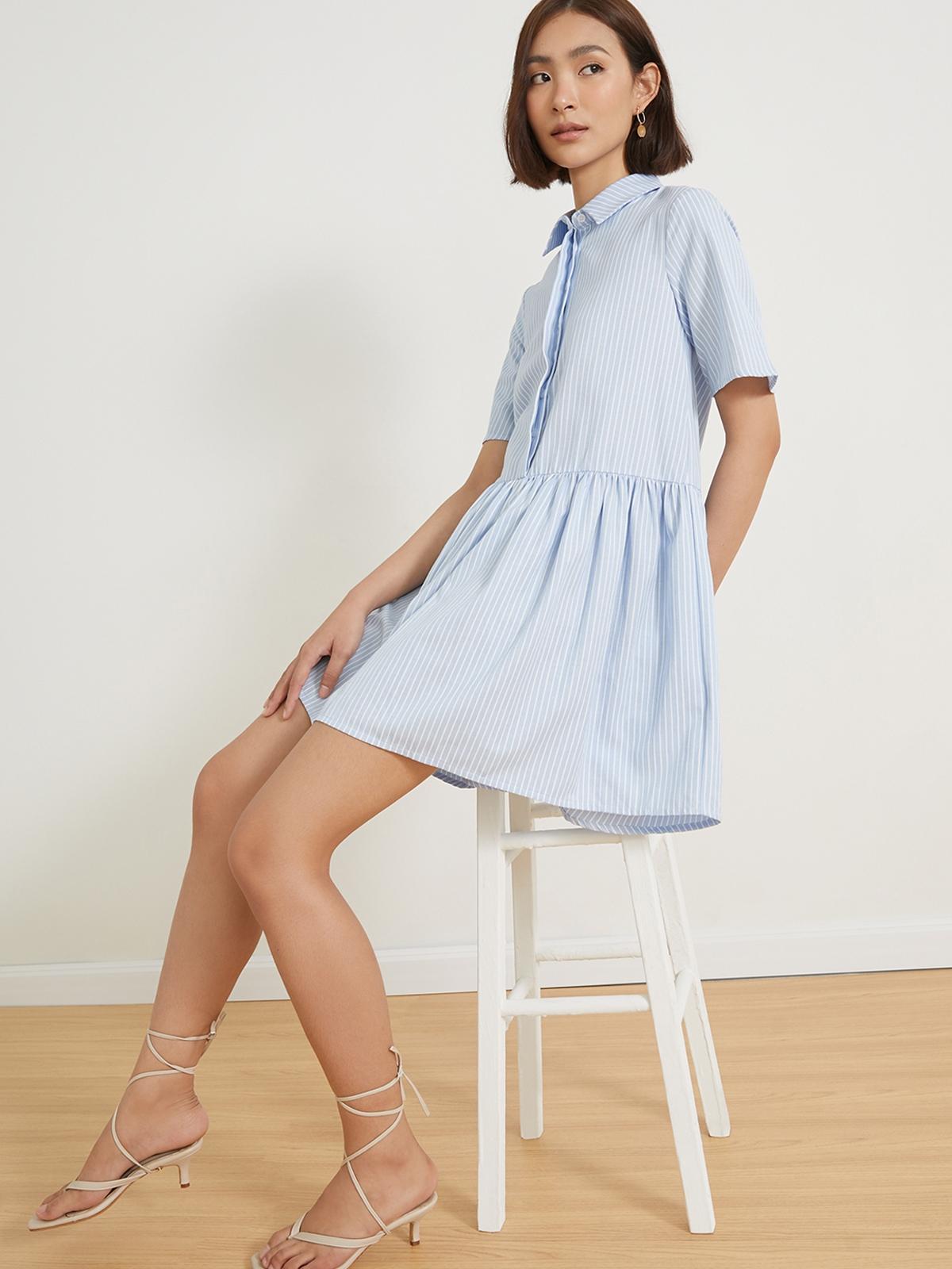 Striped Pleated Dress - Blue