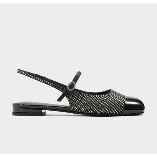 Pearl & Crystal-Embellished Cap-Toe Slingback Mary Jane Flats - Black Textured