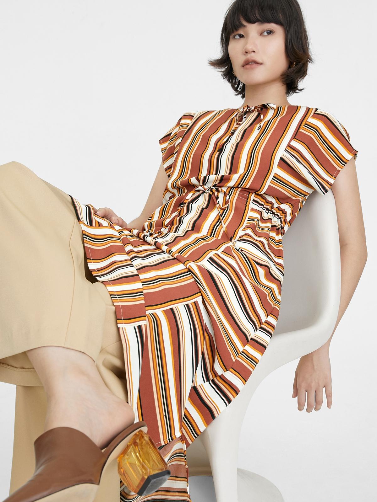 Mixed Stripe Cinched Dress - Brown