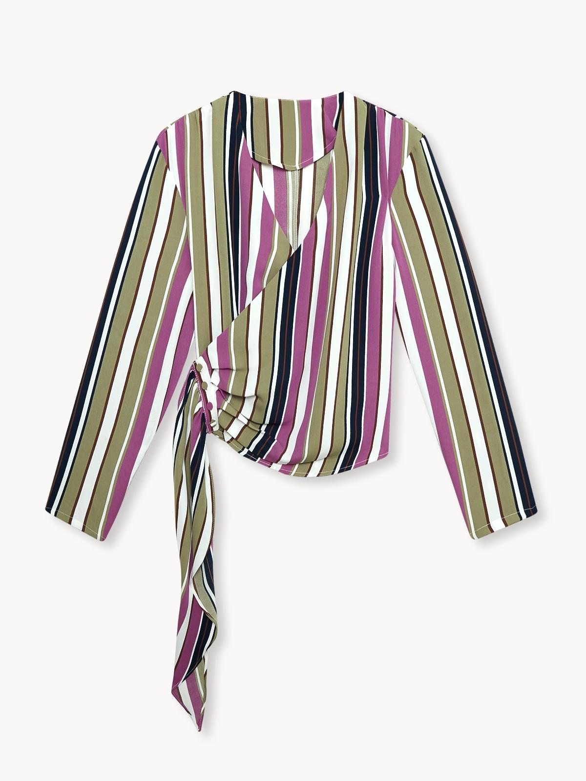 Side Wrap Buttoned Stripe Blouse - Purple