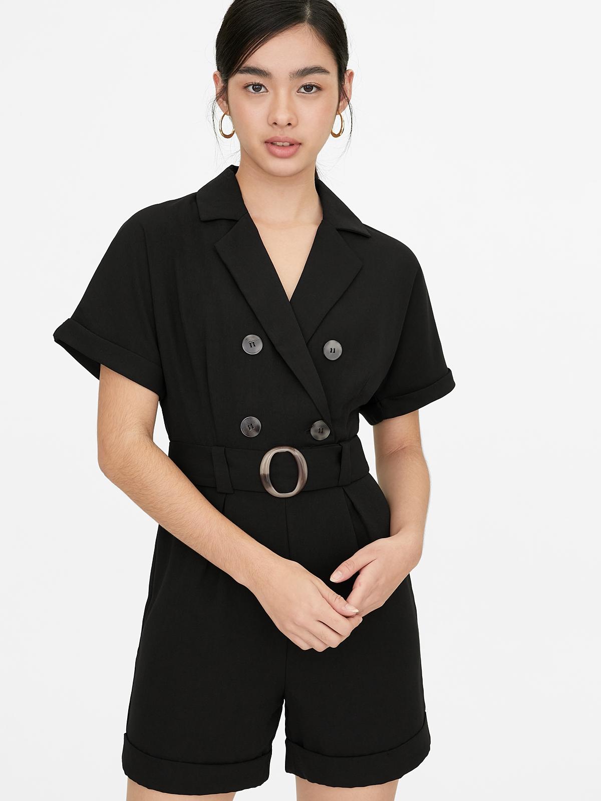 Double Breasted Safari Romper - Black