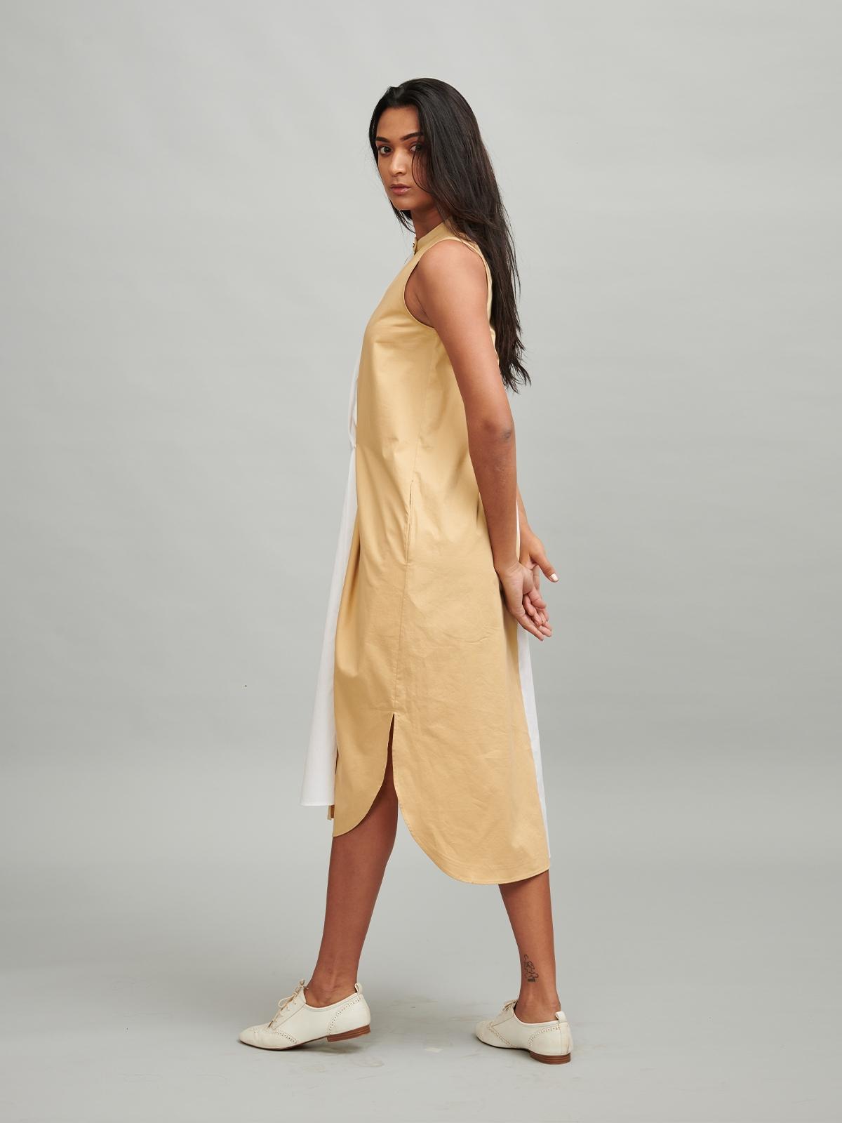 Blocked Button Pleat Midi Dress - Yellow