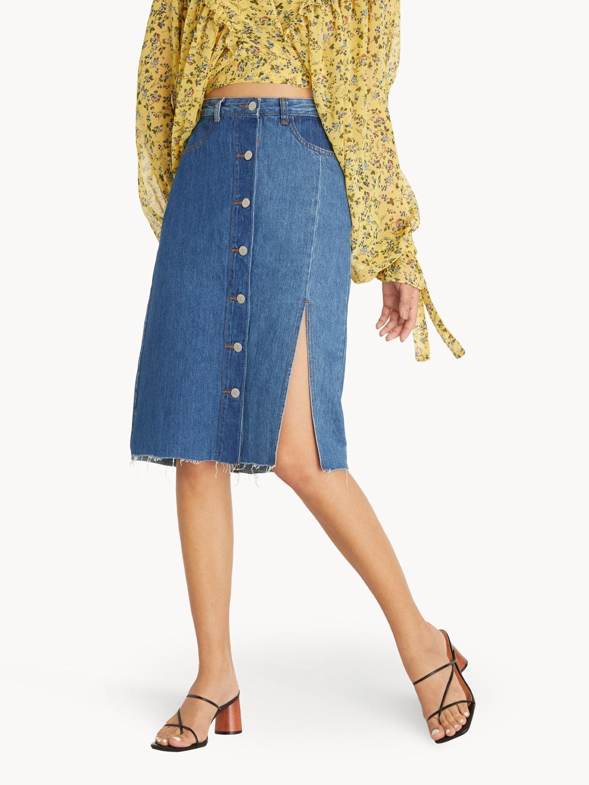 Button Up Denim Side Slit Skirt - Blue