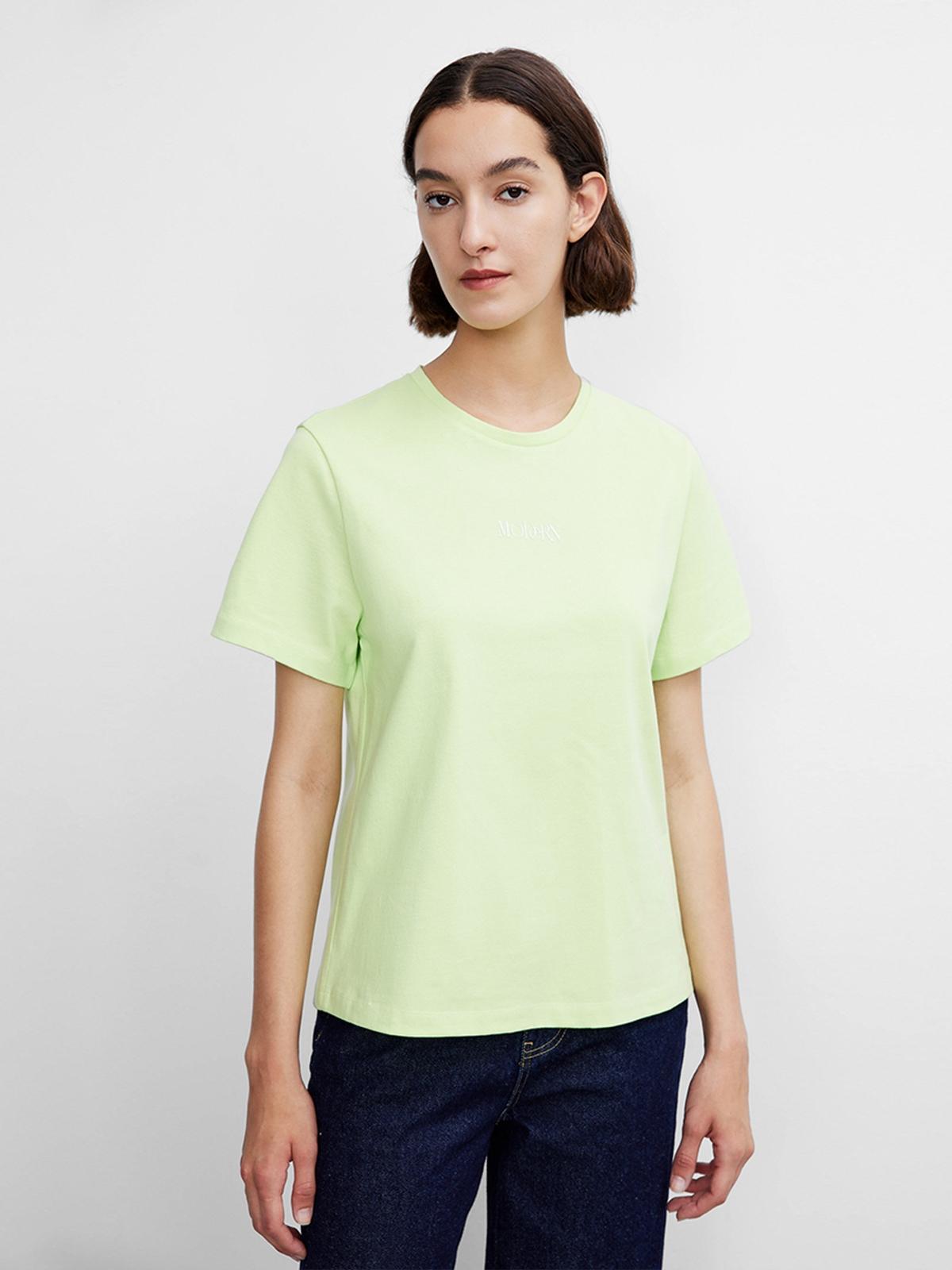 Letter Embroidery Crew Neck T-Shirt - Pastel Green