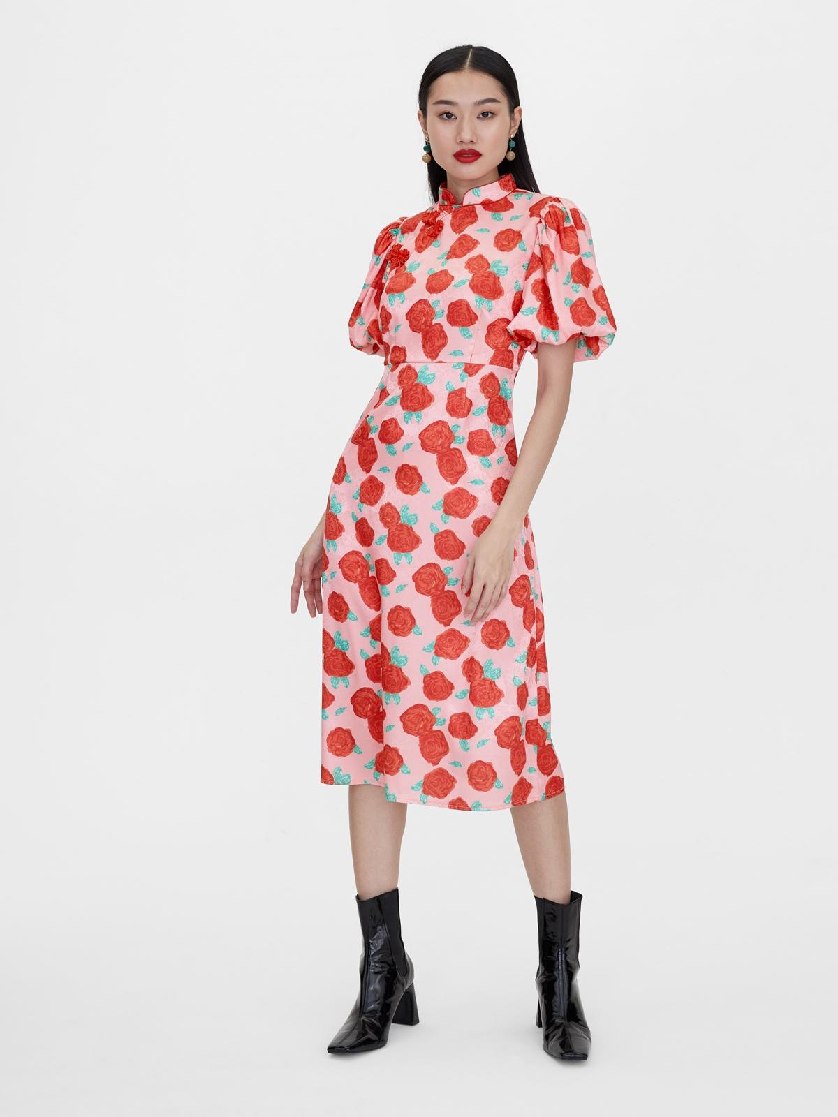 Flower Print Midi Dress - Pink