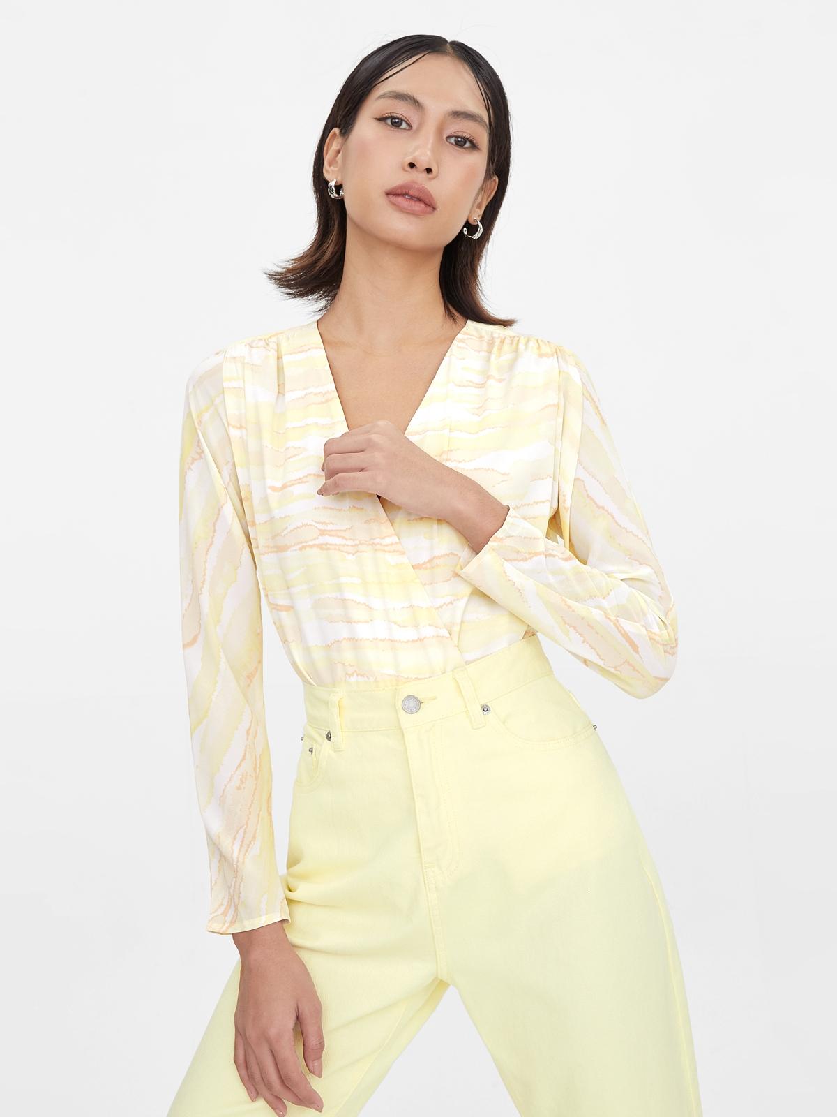 V Neck Marble Print Bodysuit - Yellow