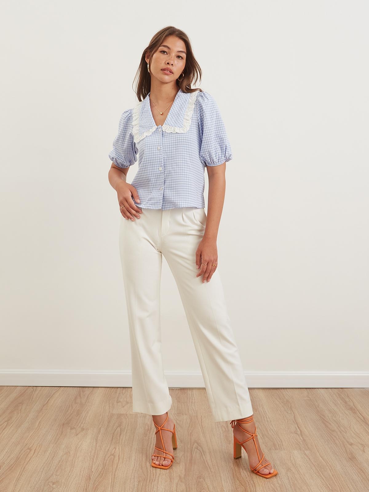 Gingham Puffed Sleeves Top - Blue