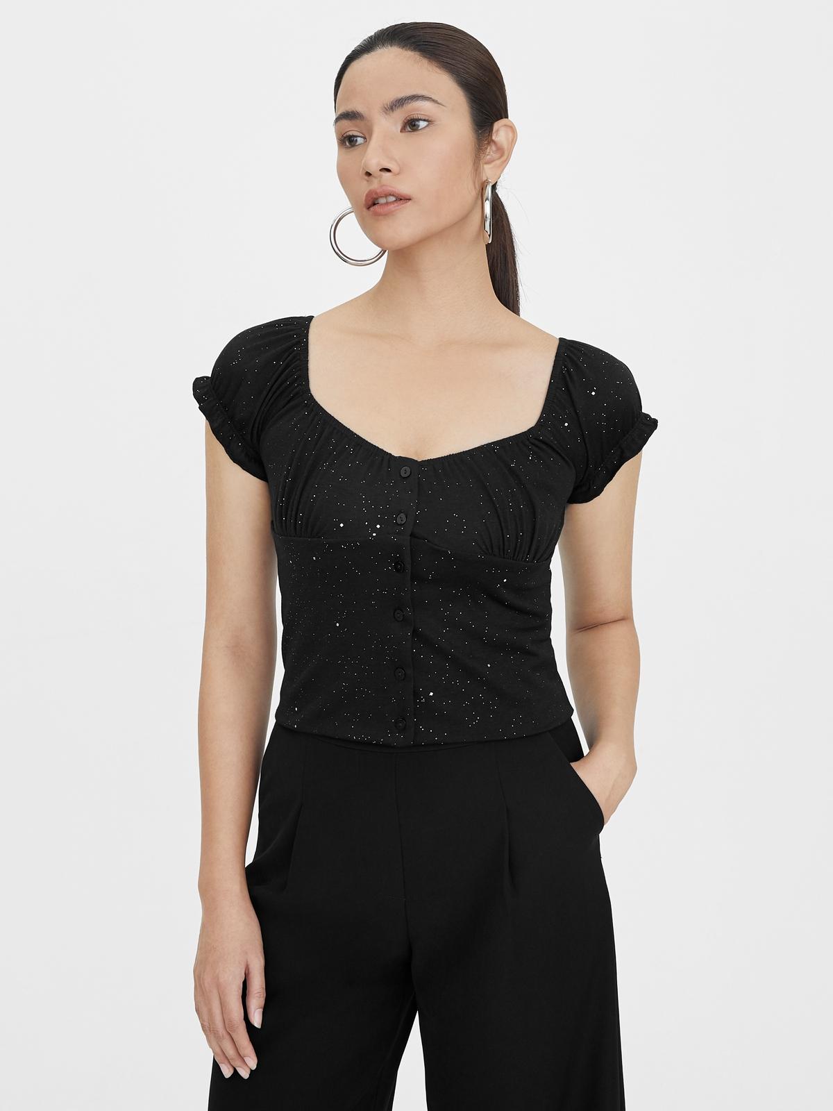 Puff Sleeve Buttoned Up Top - Black