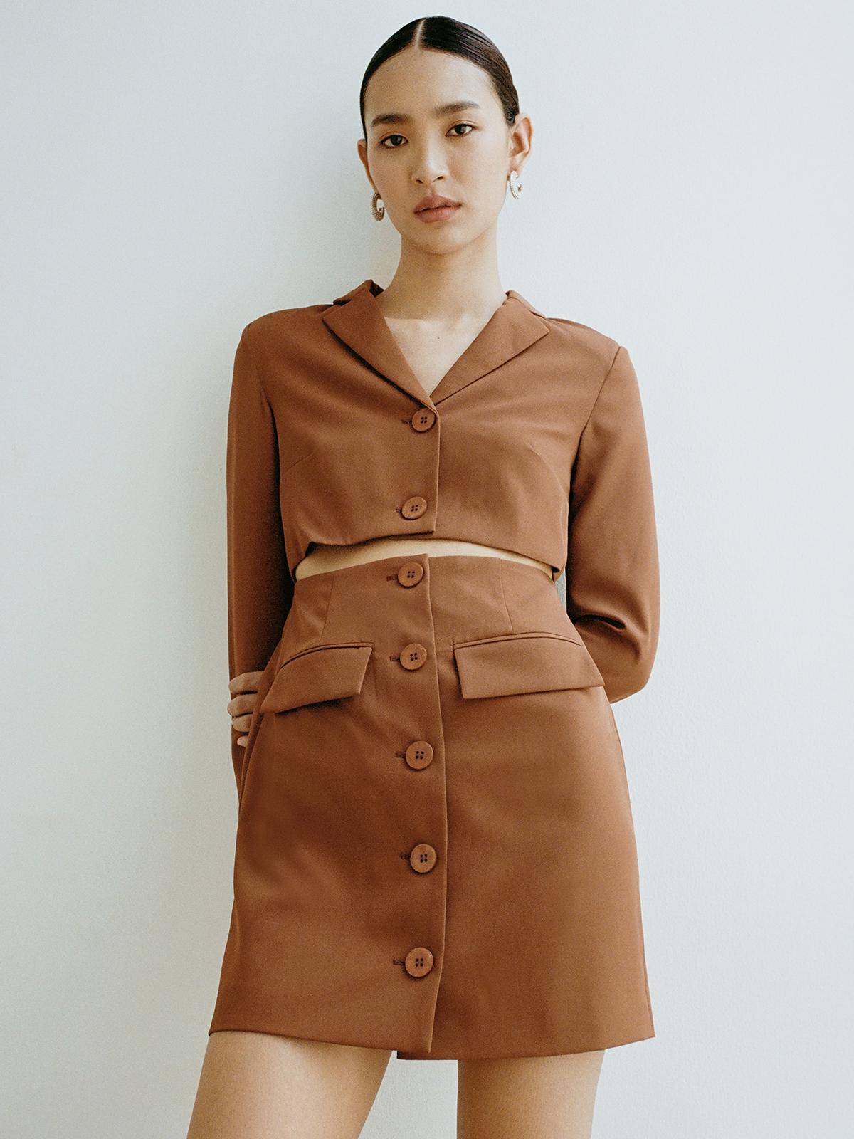 Midriff Twin Pocket Shirt Dress - Brown