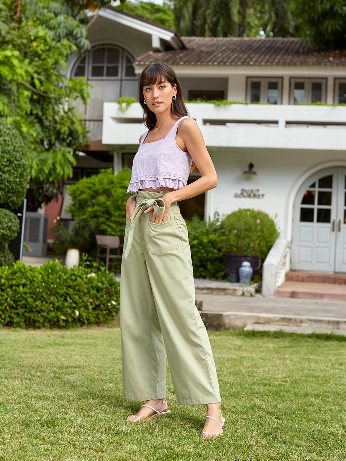 Paper Bag Wide Leg Pants - Green