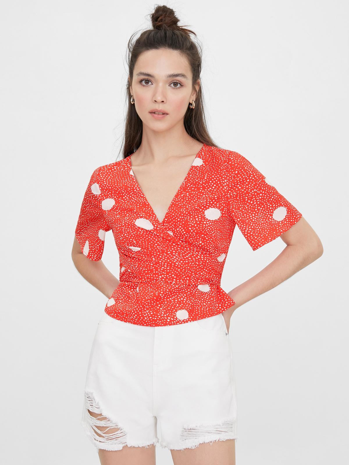 V Neck Wrap Polka Dot Top - Red