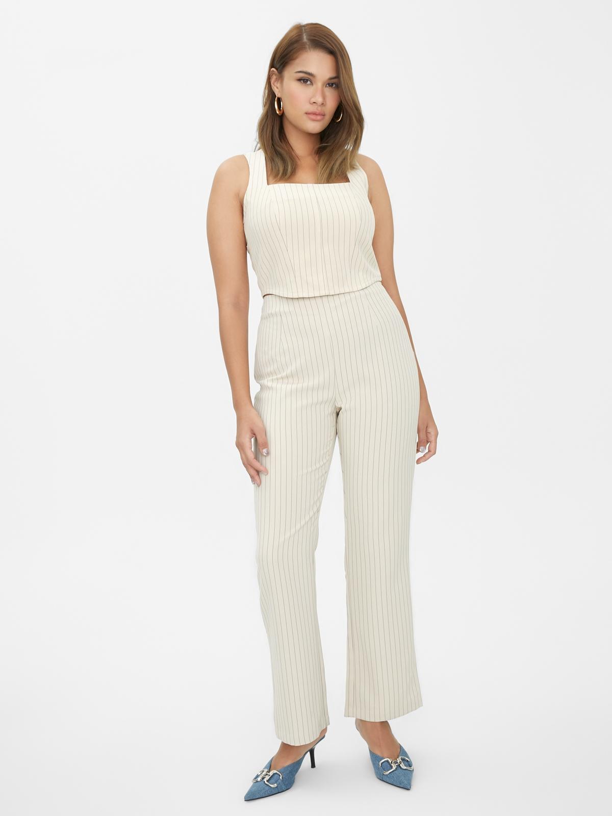Striped High-Waisted Pants - Beige