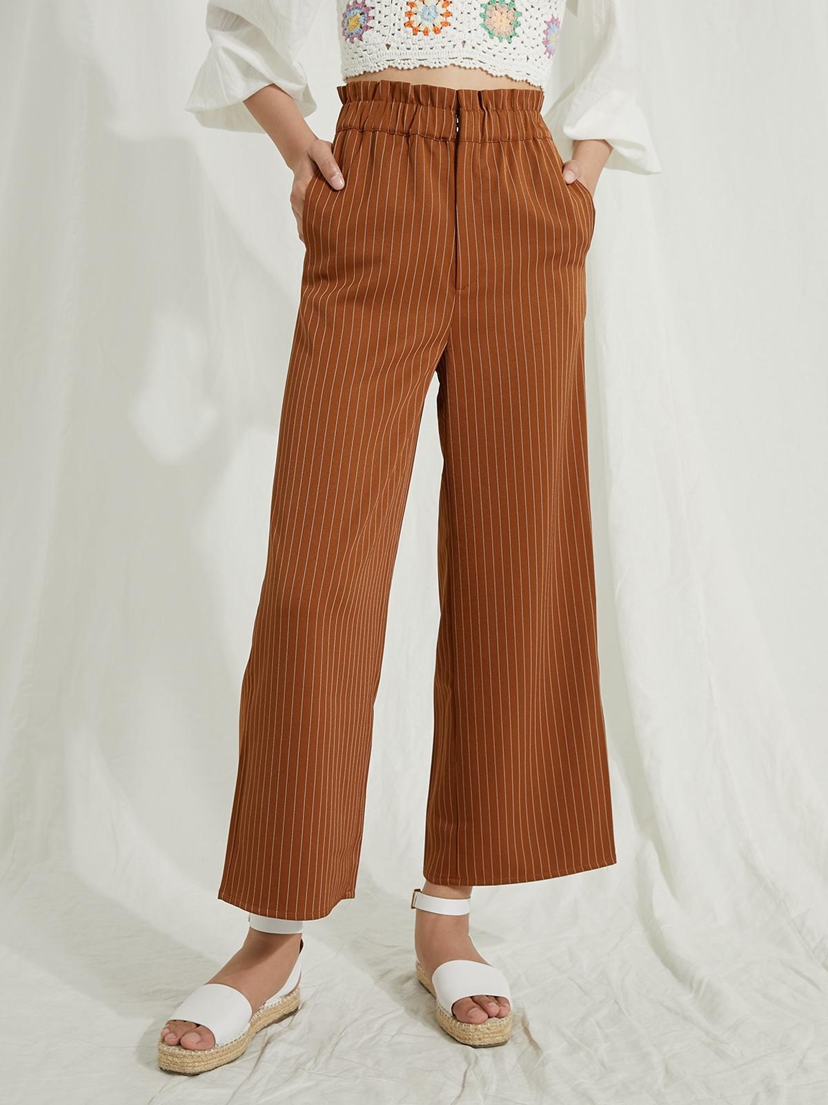 Elastic Waistband Wide Pants - Dark Brown