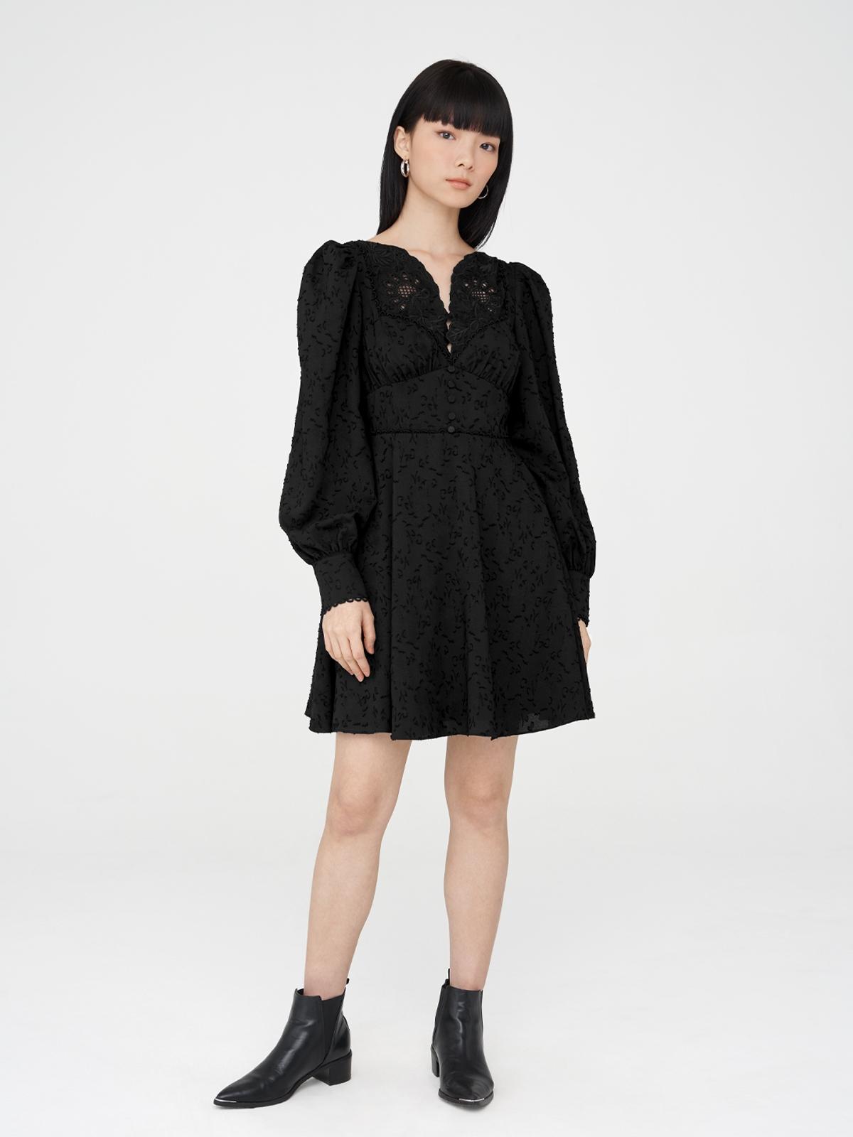 Mini Slash Neck Lace Dress - Black