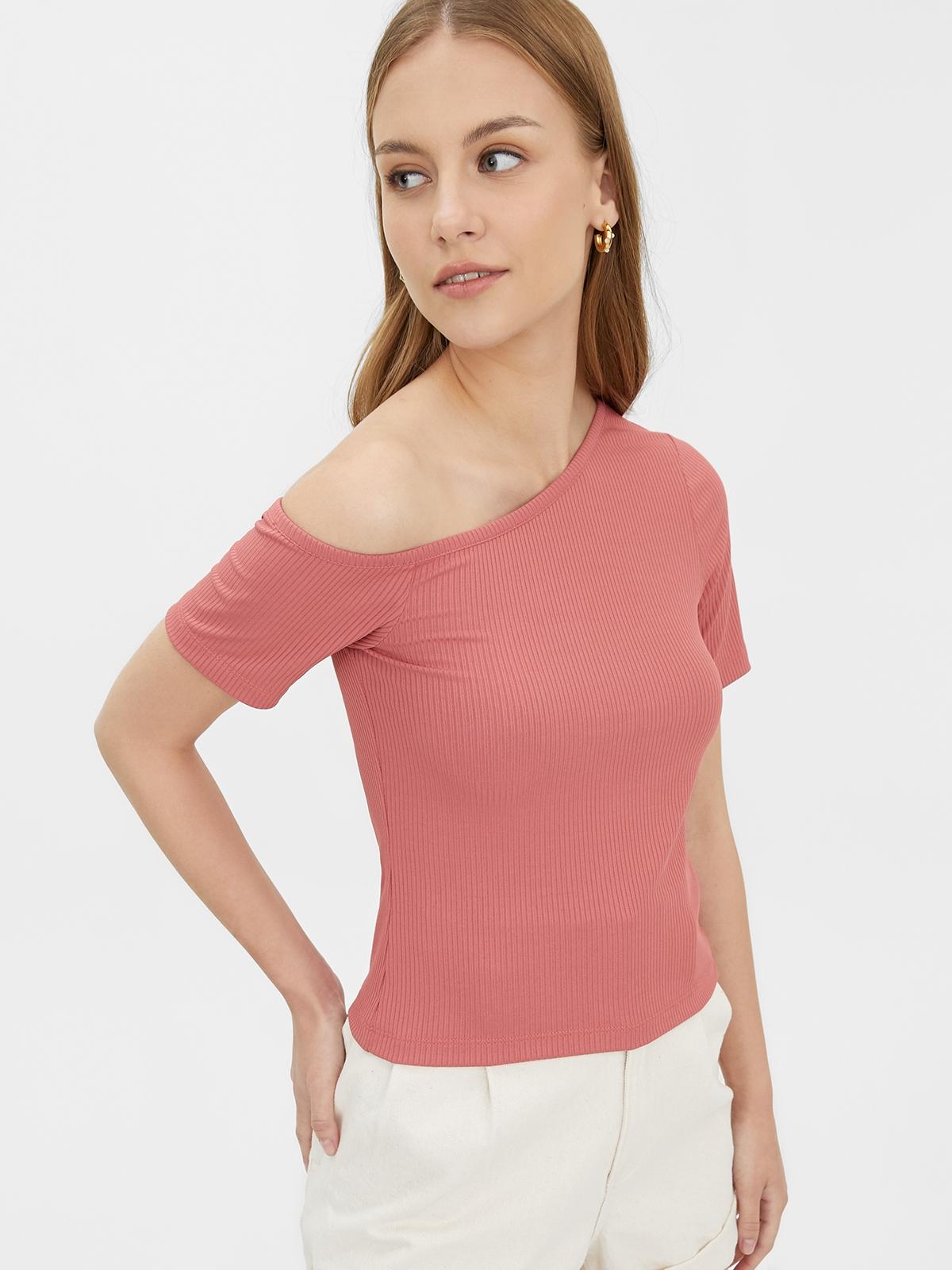 Short Sleeve Asymmetric Neck Top - Pink