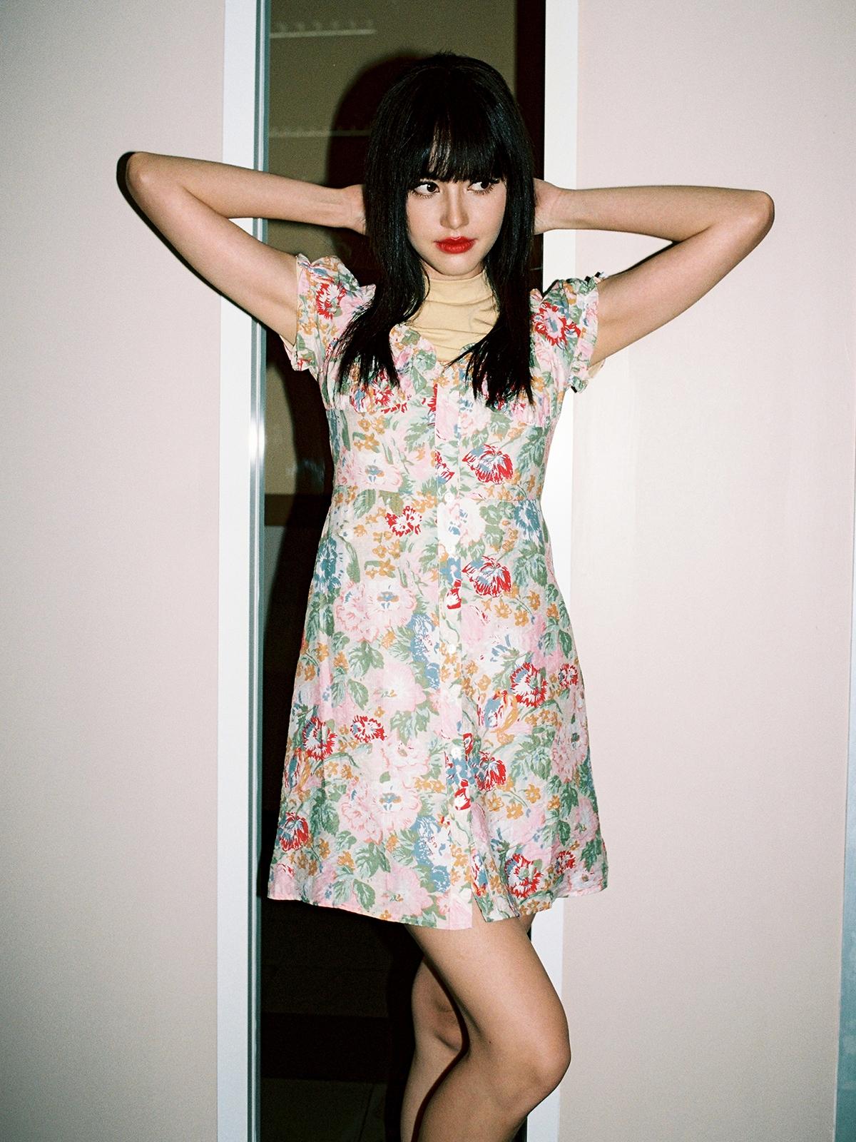 Colorful Floral Puffed Sleeves Button Dress - Beige