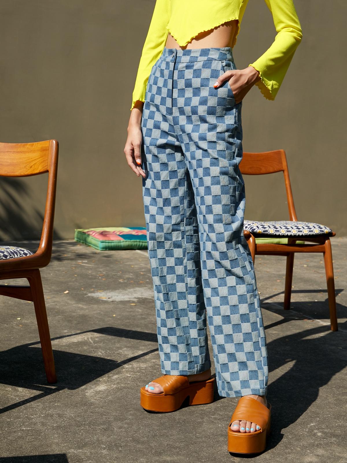 High Waist Checkered Pants - Blue