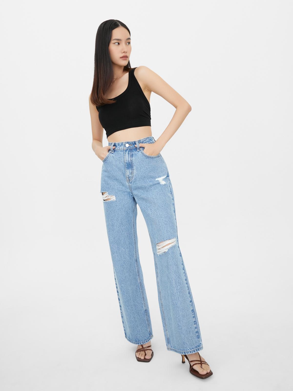 Wide Leg Ripped Jeans - Light Blue