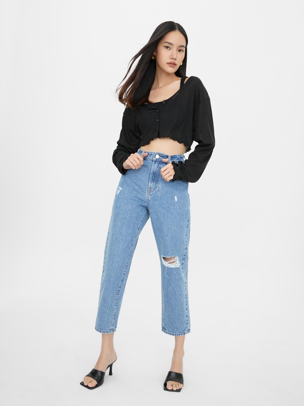 Ripped High Waist Crop Jeans - Light Blue