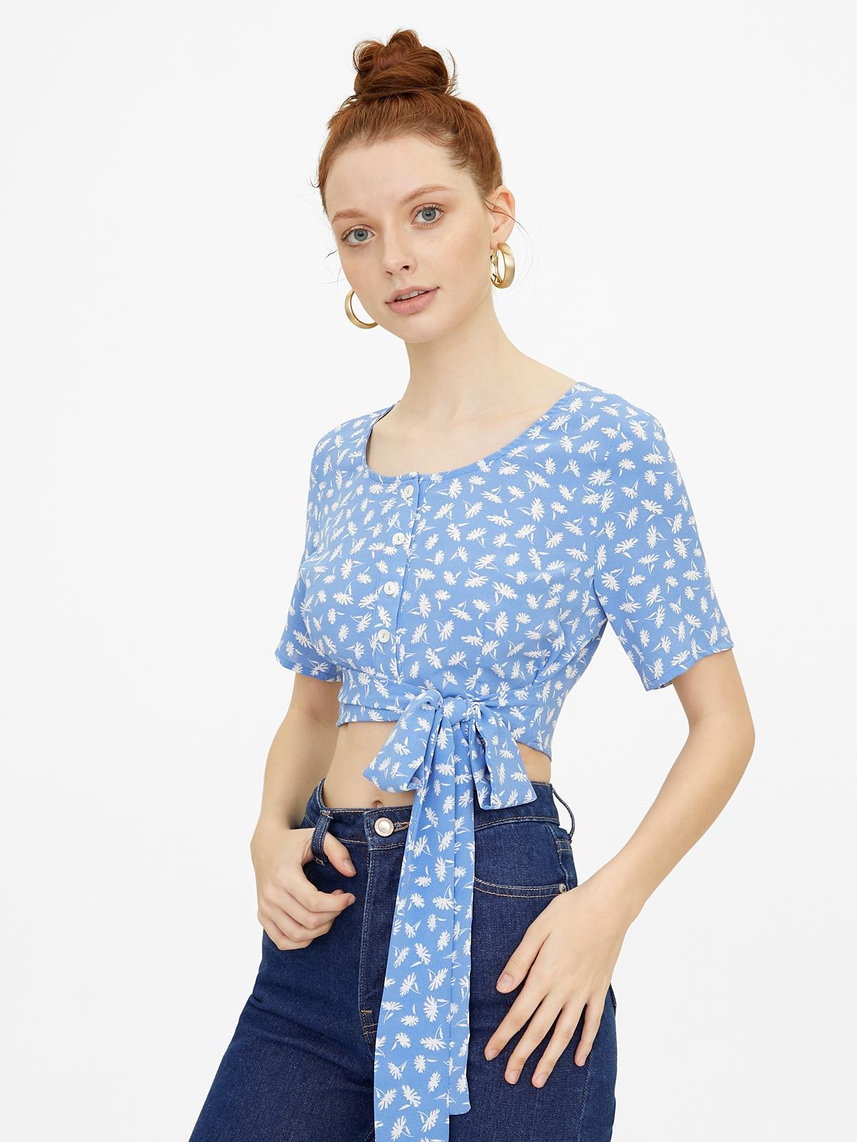 Cropped Tied Waist Top - Blue