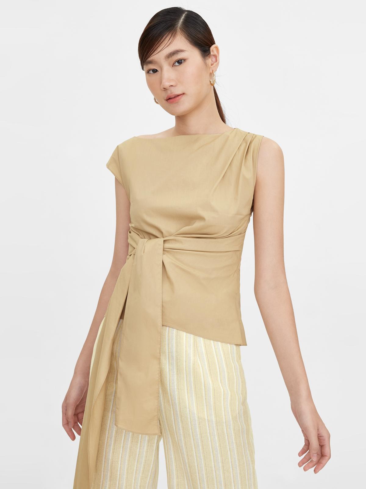 Front Tie Asymmetrical Sleeve Blouse - Beige