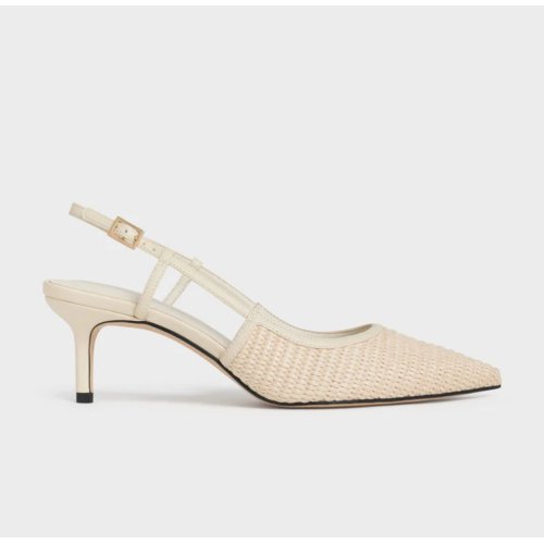 Raffia Pointed-Toe Slingback Pumps - Chalk