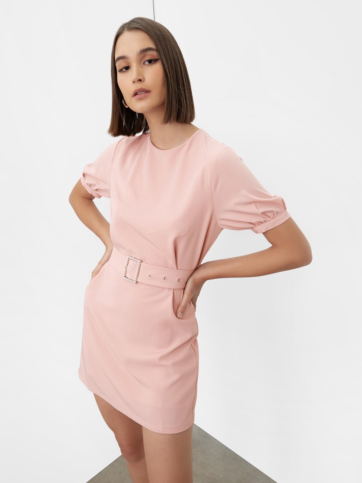 Pearl Belt Puff Sleeve Dress - Pink