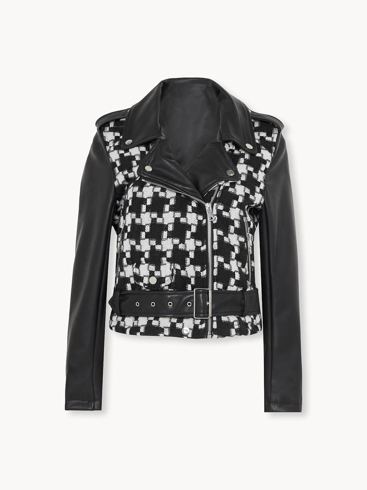 Mixed Fabric Biker Jacket - Black