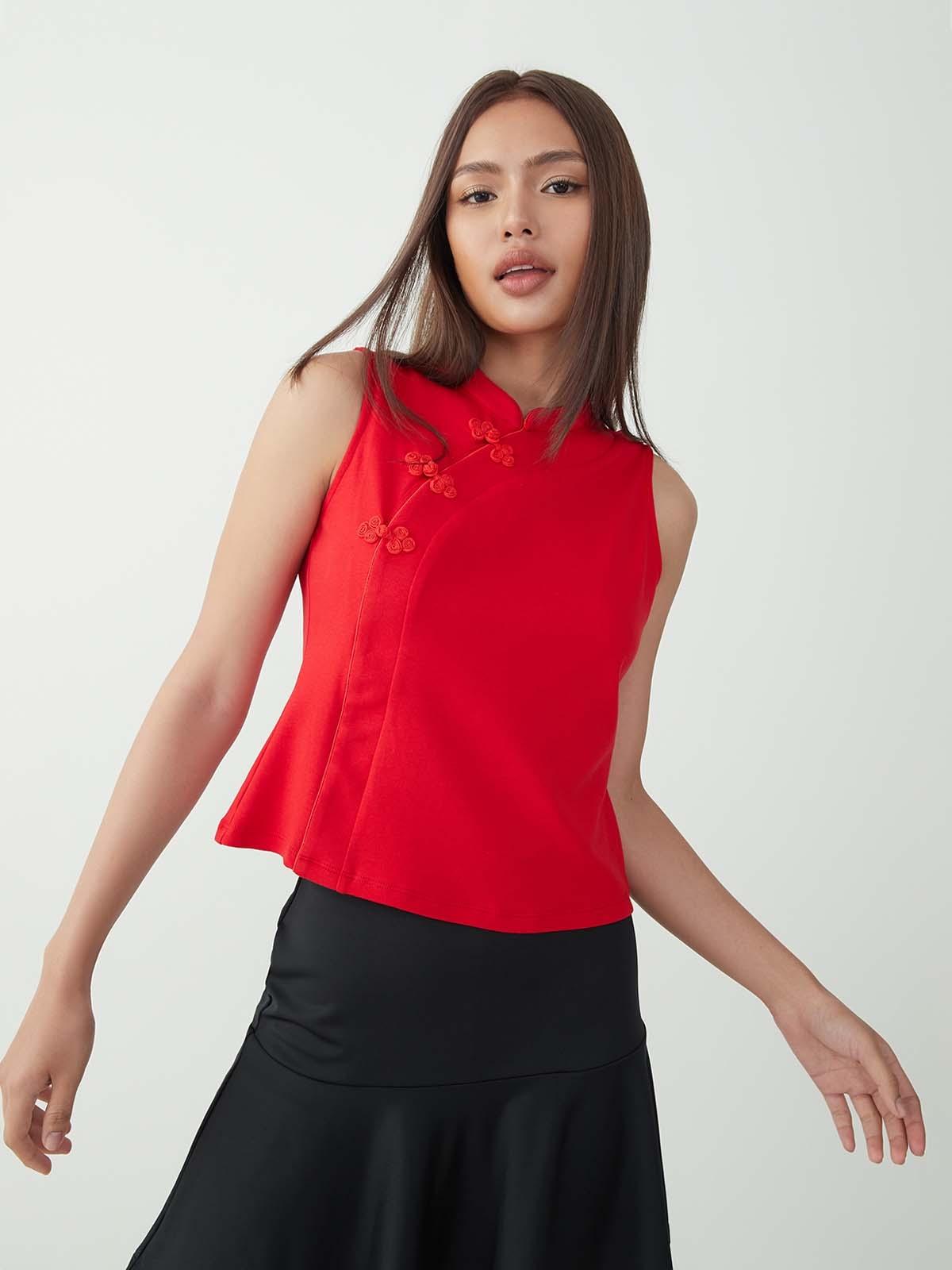 Sleeveless Mandarin Collar Top - Red