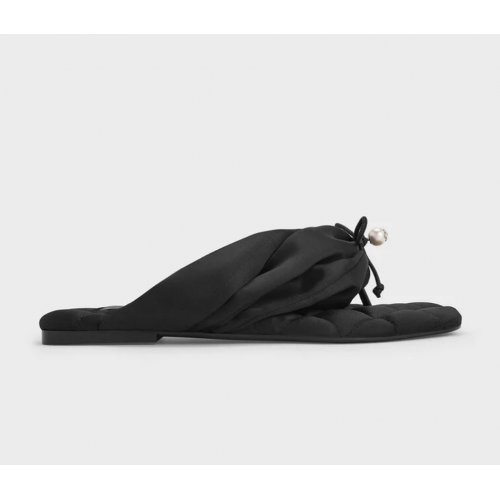  Satin Pearl-Accent Square-Toe Sandals - Black Textured 
