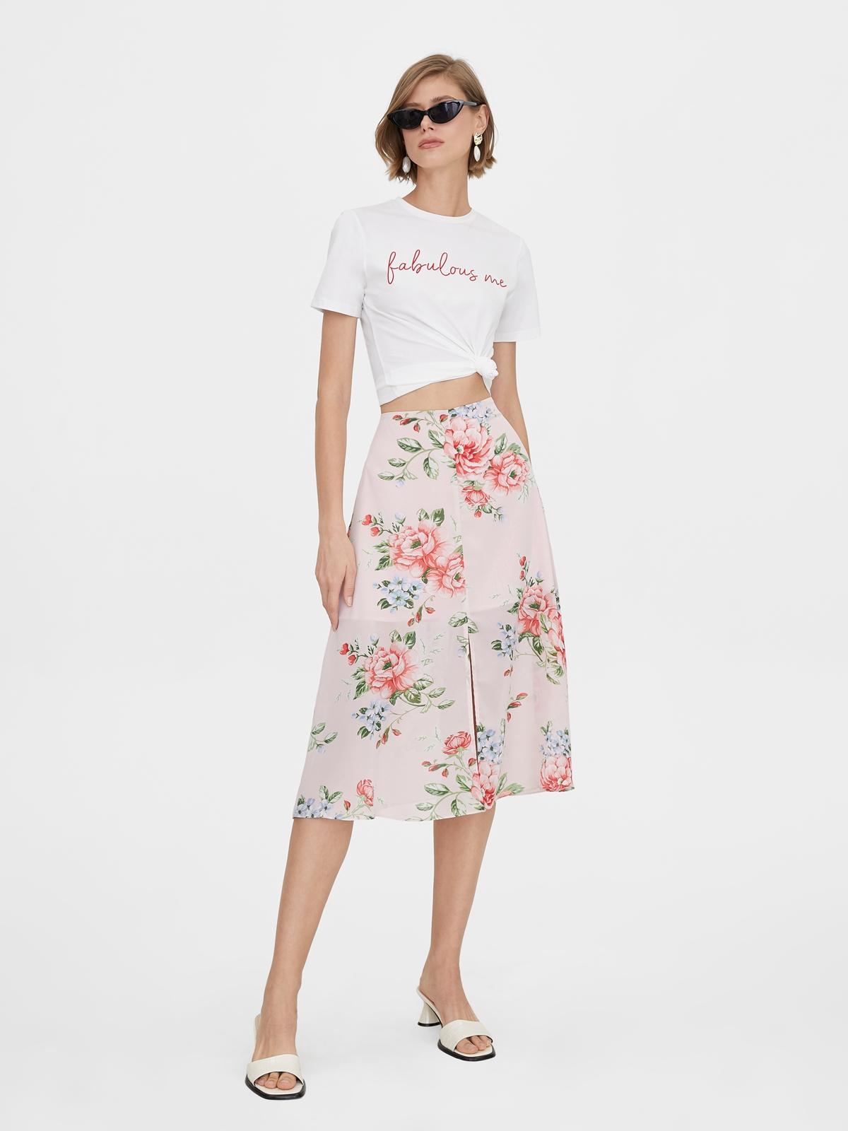 Bold Floral Front Slit Flared Skirt - Pink