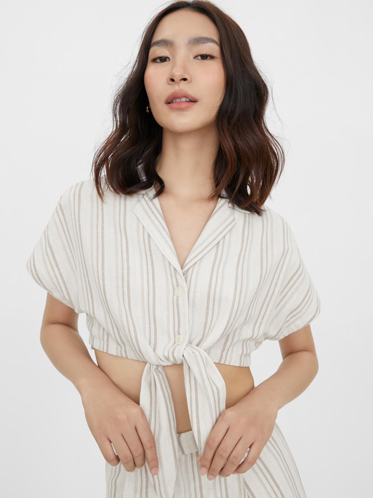 Front Knot Crop Shirt Top - Off-White
