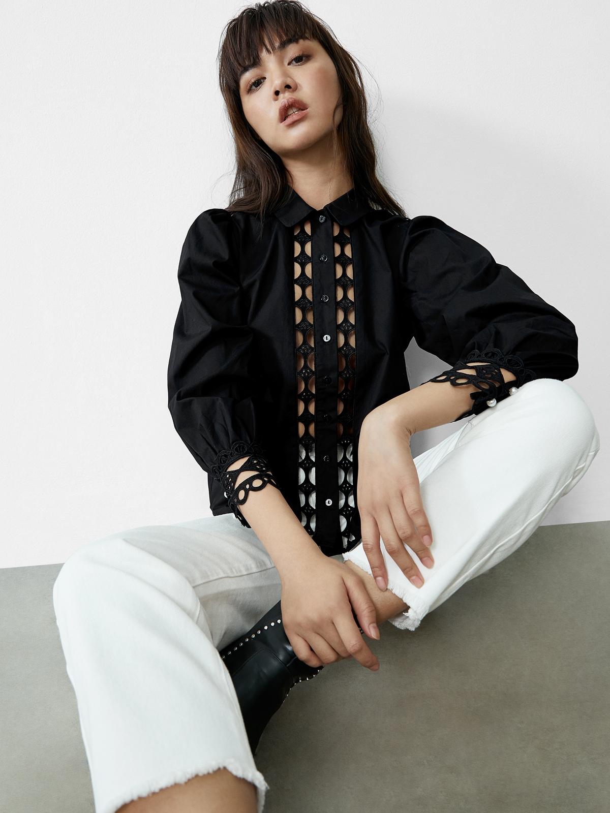 Eyelet Cut Out Puff Sleeve Shirt - Black