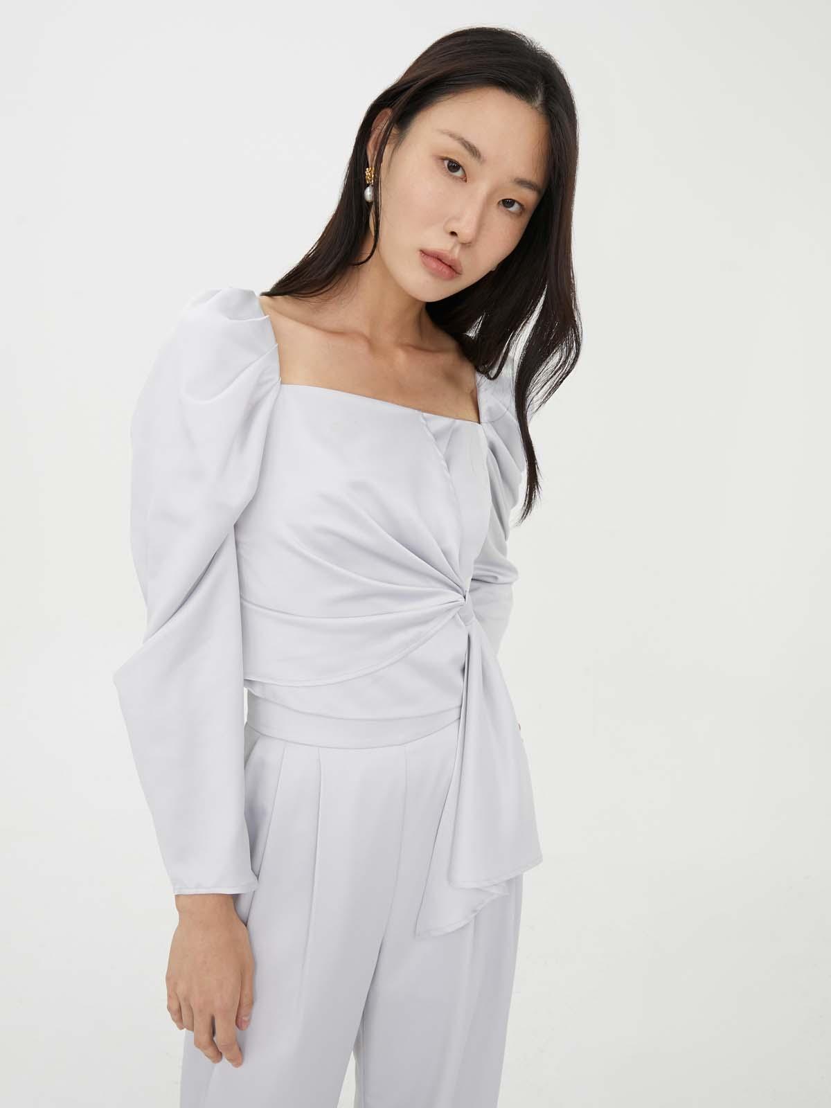 Gathered Front Long Sleeve Top - Light Grey Gathered Front Long Sleeve Top - Light Grey