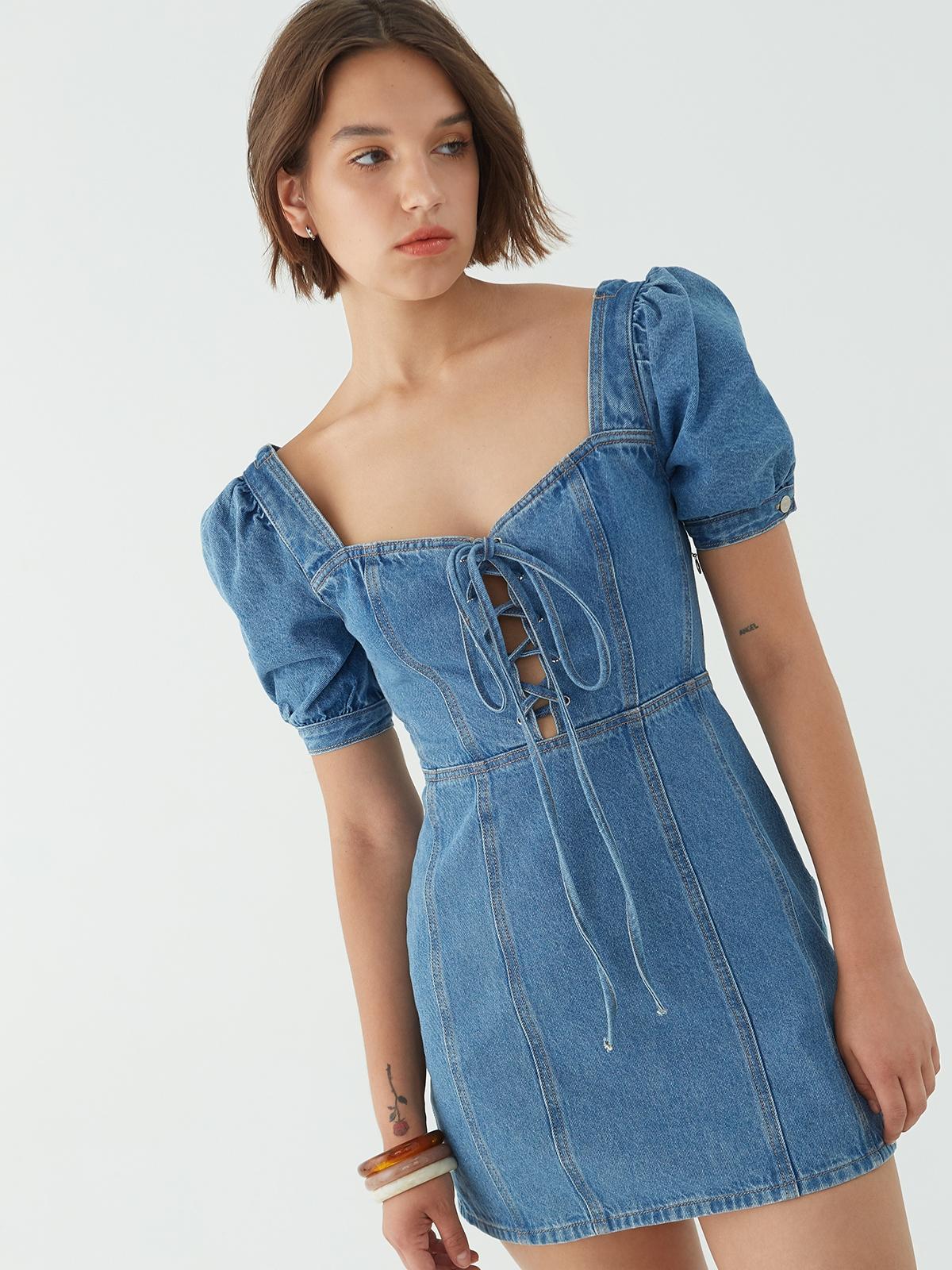 Sustainable Puffed Sleeve Denim Dress - Blue