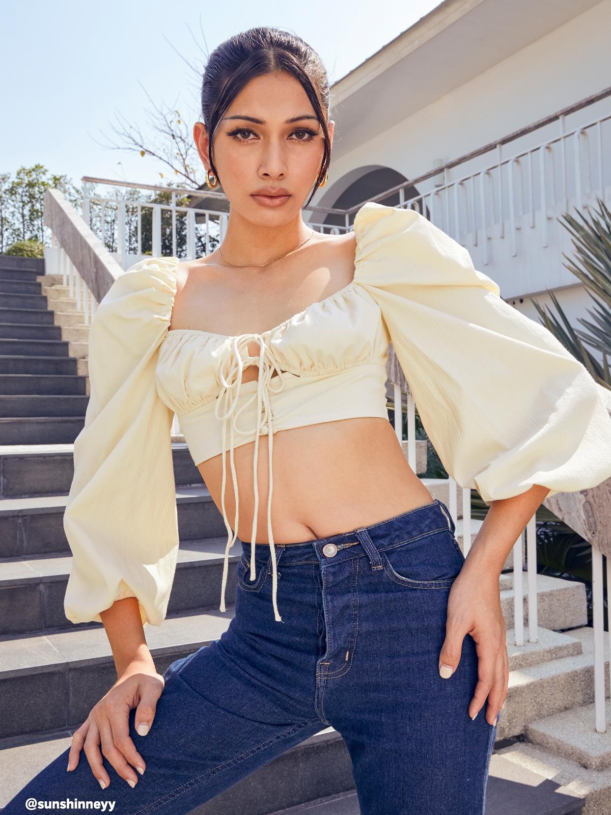 Puffed Sleeve Crop Top - Beige