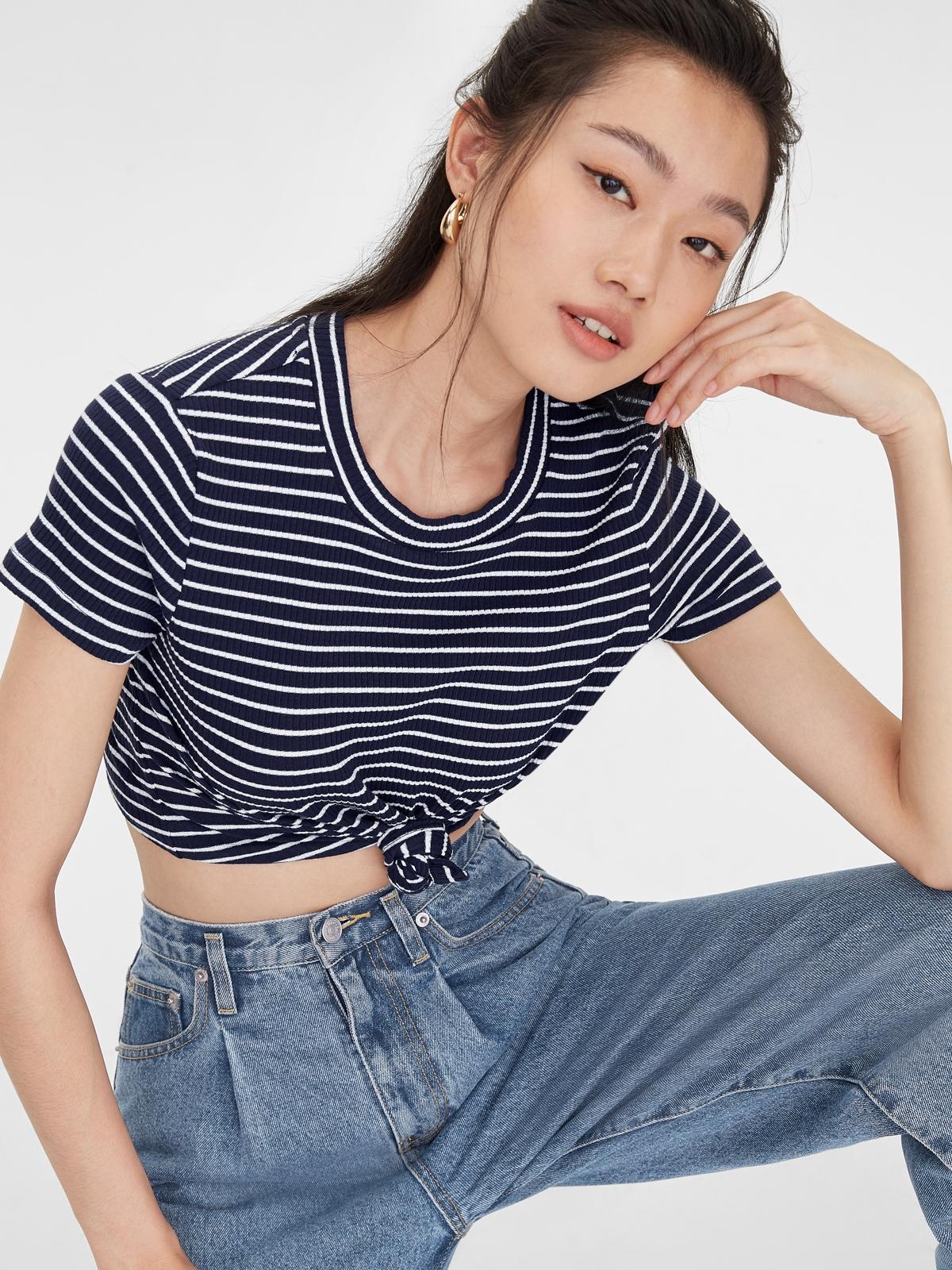 Knit Pinstripe Rib Tee - Navy