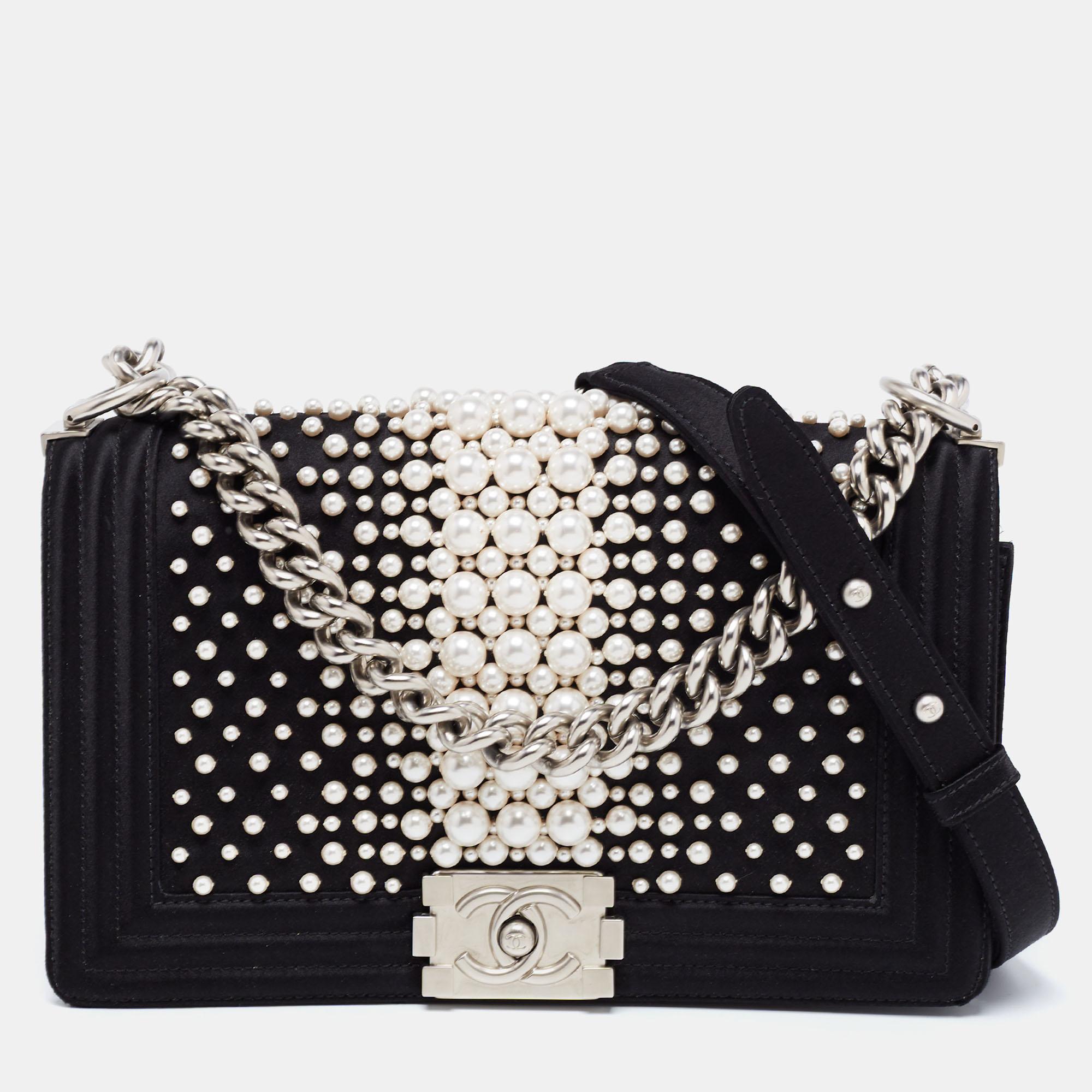 Chanel Black Satin Medium Pearl Embellished Boy Bag