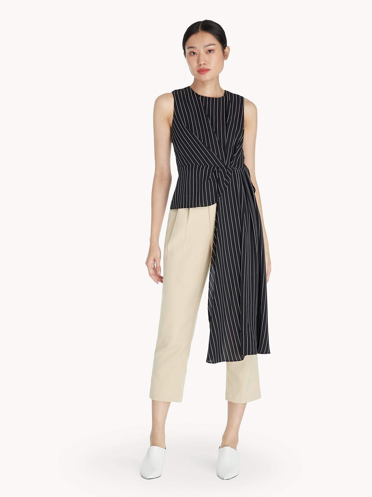 Striped Exaggerated Hem Tank Top - Black