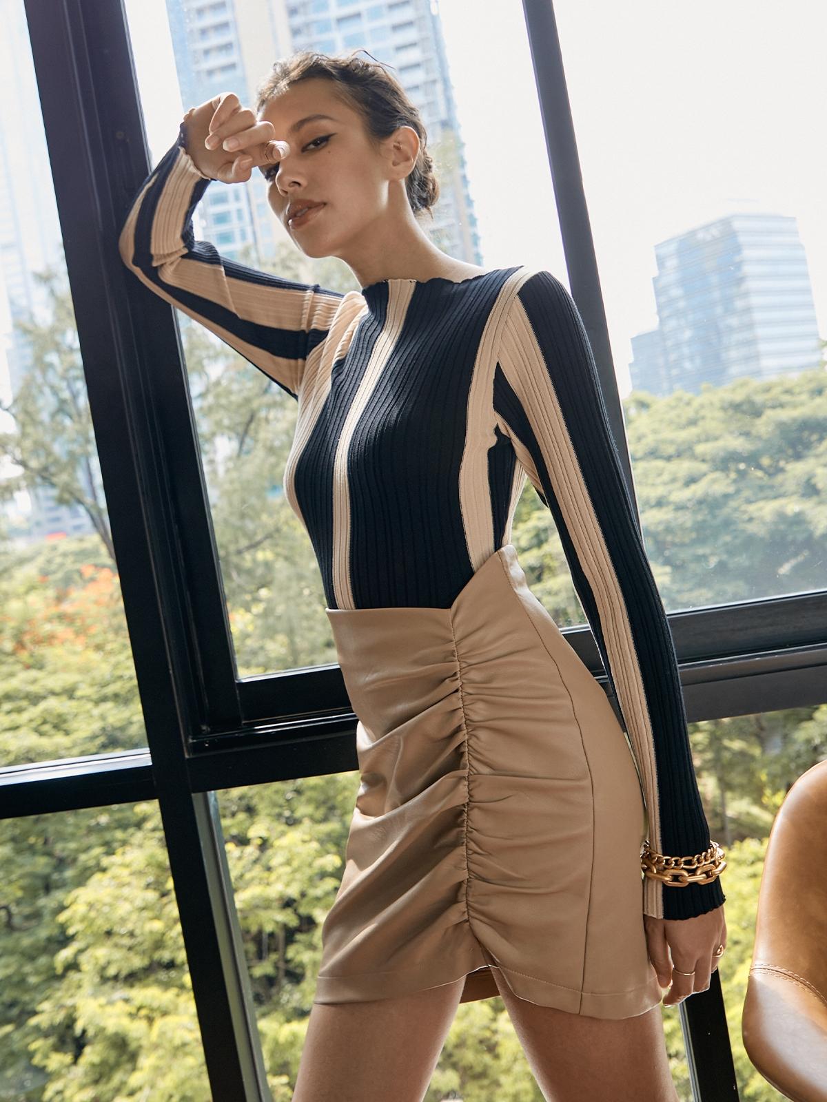 Asymmetric Ruched Mini Skirt - Beige