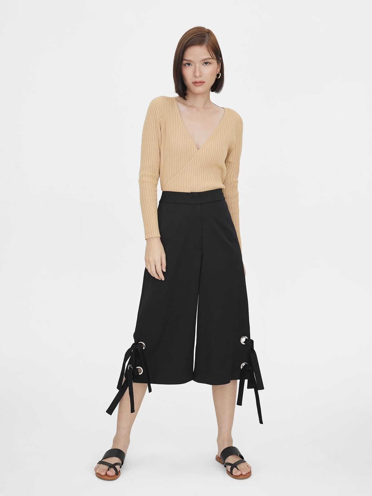 Side Bow Tie Wide Leg Pants - Black